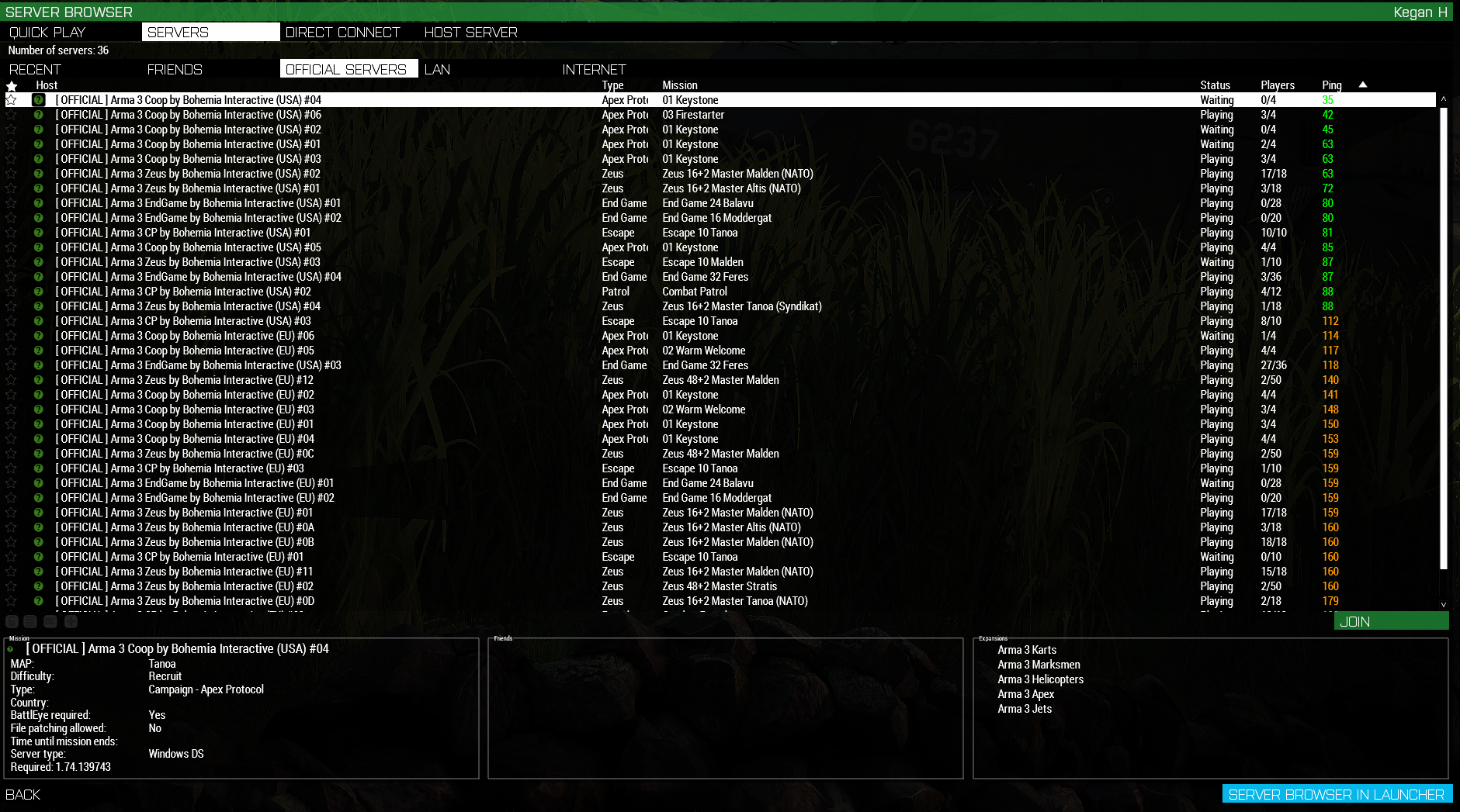 Picture of default arma server list.